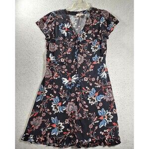 LOFT Petite Midi Dress Womens 10P Gray Floral A Line Button Up Cap Sleeve Casual